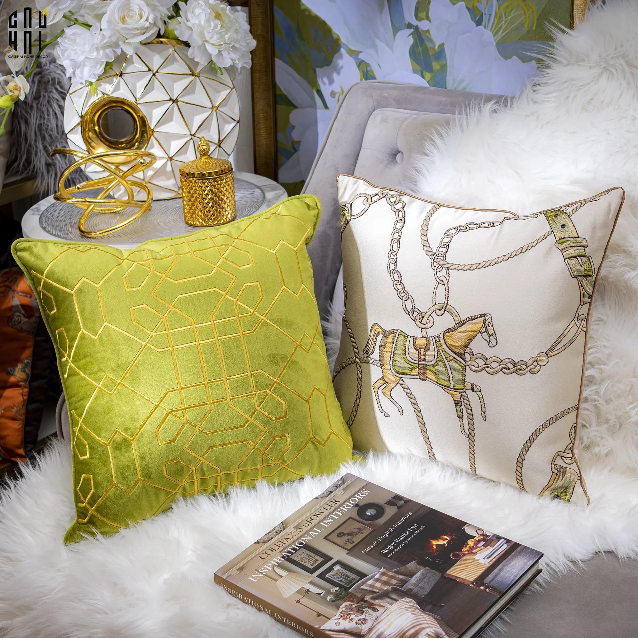 VỎ GỐI SOFA NHUNG GATSBY - VERDANT GOLD 45.-CẬU HAI HOME DECOR