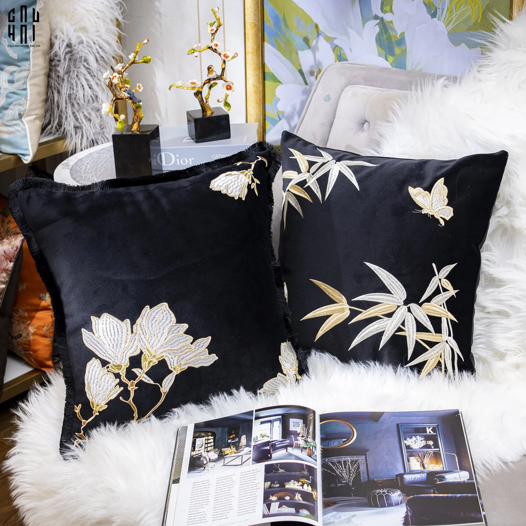 Vỏ Gối Sofa Nhung Golden Bamboo Papillon 45 Ss25-CẬU HAI HOME DECOR