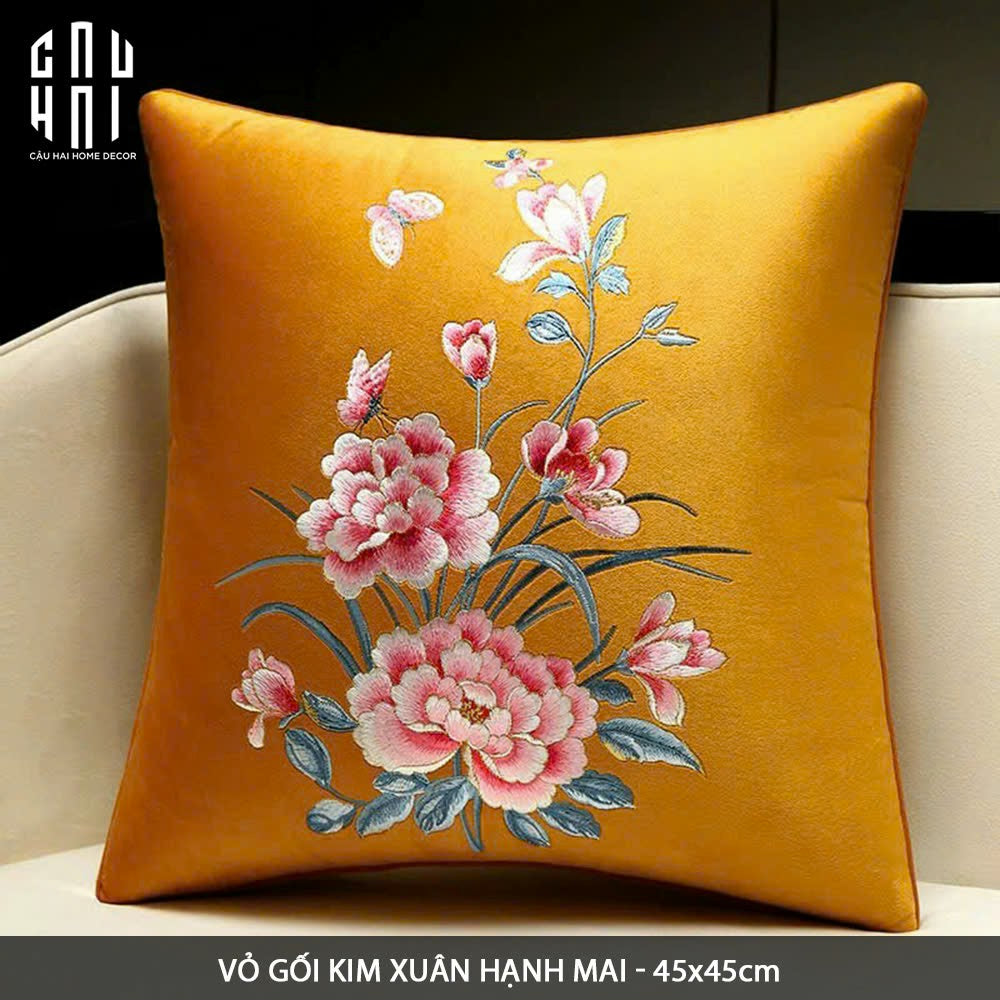 Tết Couture - Vỏ Gối Sofa Nhung Hoạ Tiết Thêu Kim Hưng Phát 45. - CẬU HAI HOME DECOR