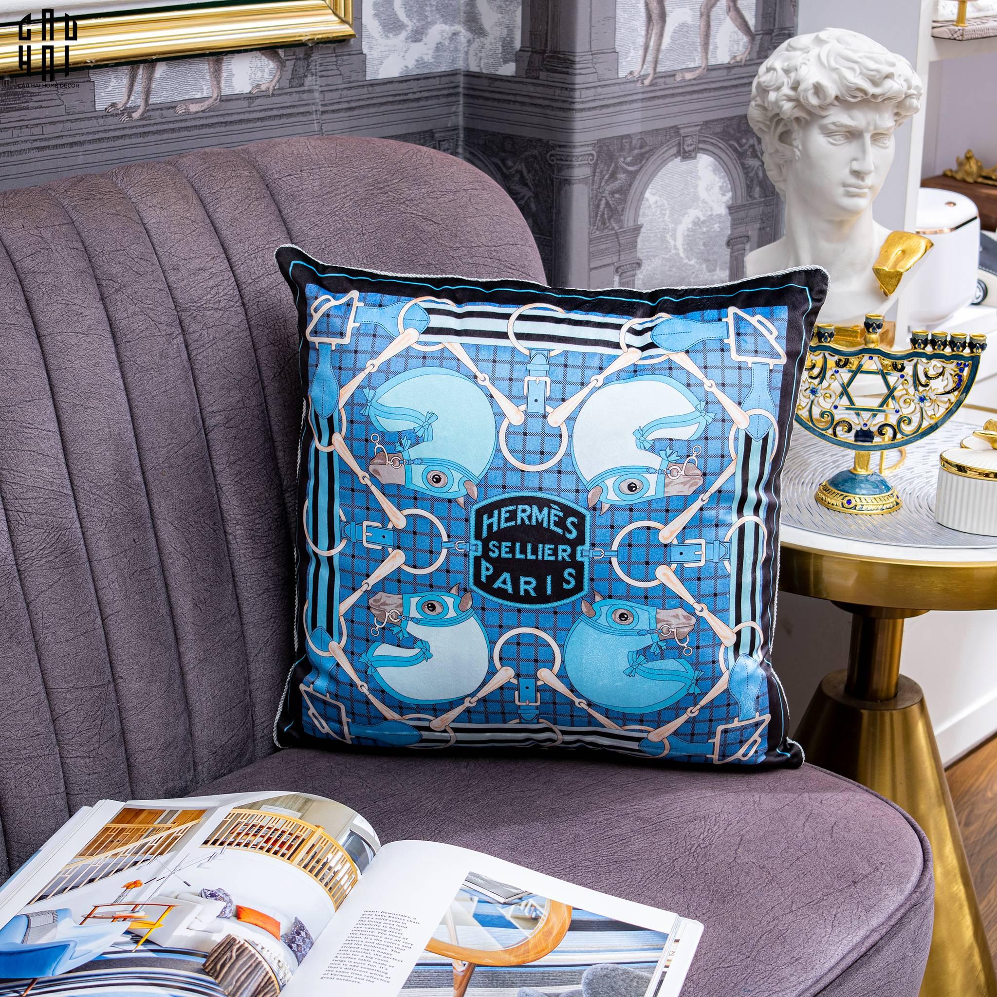 Vỏ Gối Sofa Nhung Tatersale Blue 45X45Cm-CẬU HAI HOME DECOR