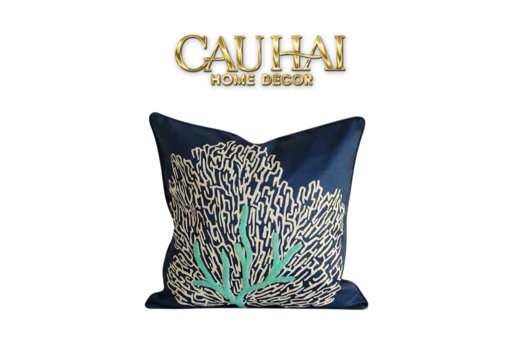 VỎ GỐI THÊU SAN HÔ - CORAL EMBROIDERY NAVY 45-CẬU HAI HOME DECOR