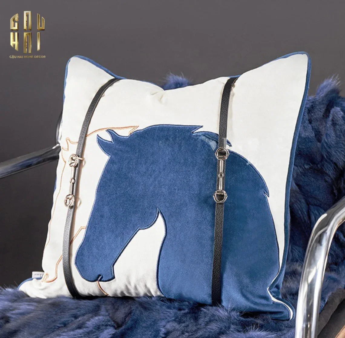 Vỏ Gối Velour Ivoire Perlé Royale Équestre Bleu Harness 45 - CẬU HAI HOME DECOR