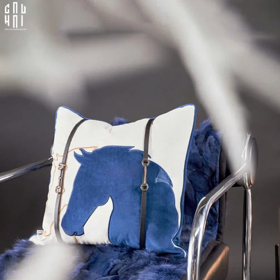 Vỏ Gối Velour Ivoire Perlé Royale Équestre Bleu Harness 45 - CẬU HAI HOME DECOR
