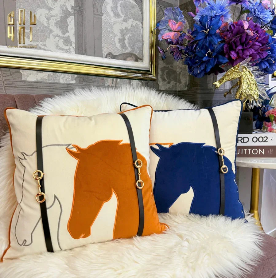 Vỏ Gối Velour Ivoire Perlé Royale Équestre Bleu Harness 45 - CẬU HAI HOME DECOR