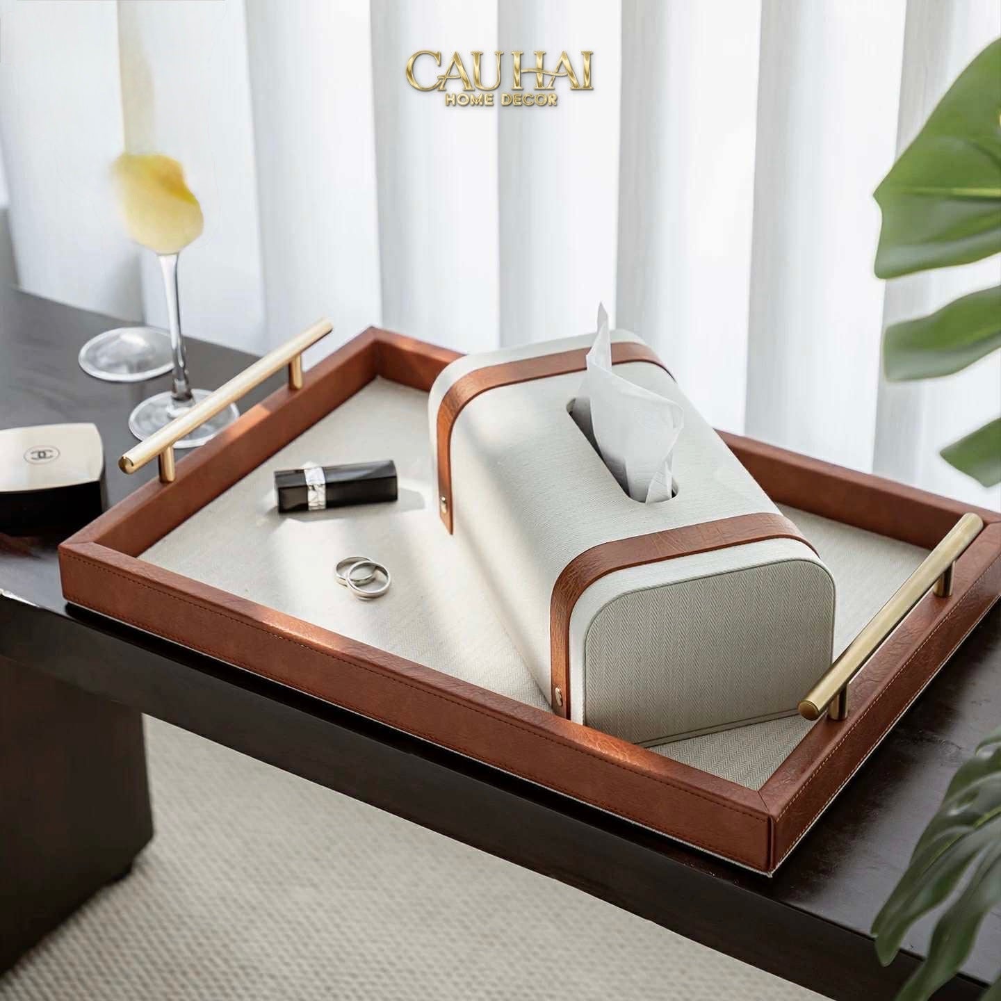 HOME COUTURE - SET KHAY HỘP GIẤY CANVAS LUX LEATHER HAVANA 3PCS