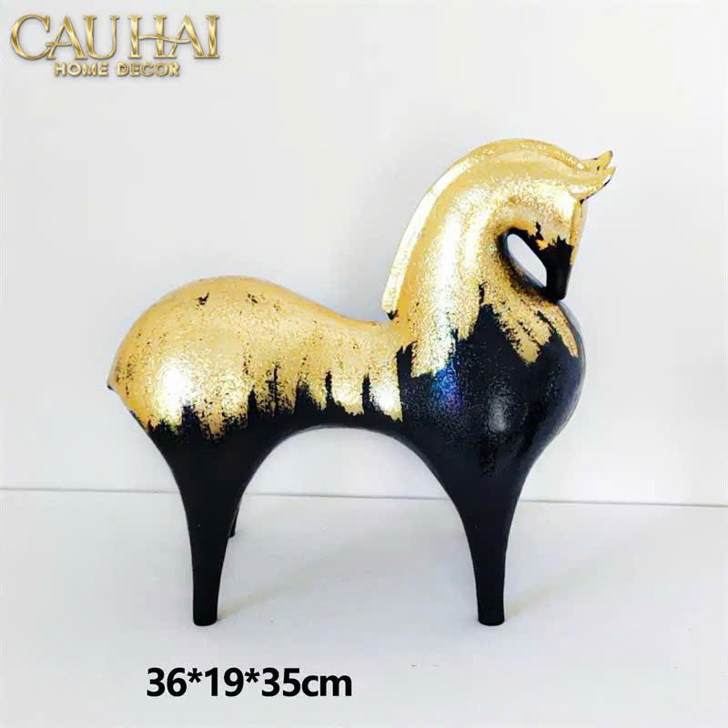 Maison Couture -  Tượng Ngựa Gốm Mun Mài Dát Vàng Noir Laqué Feuille d’Or Tang Horse  H24/H36