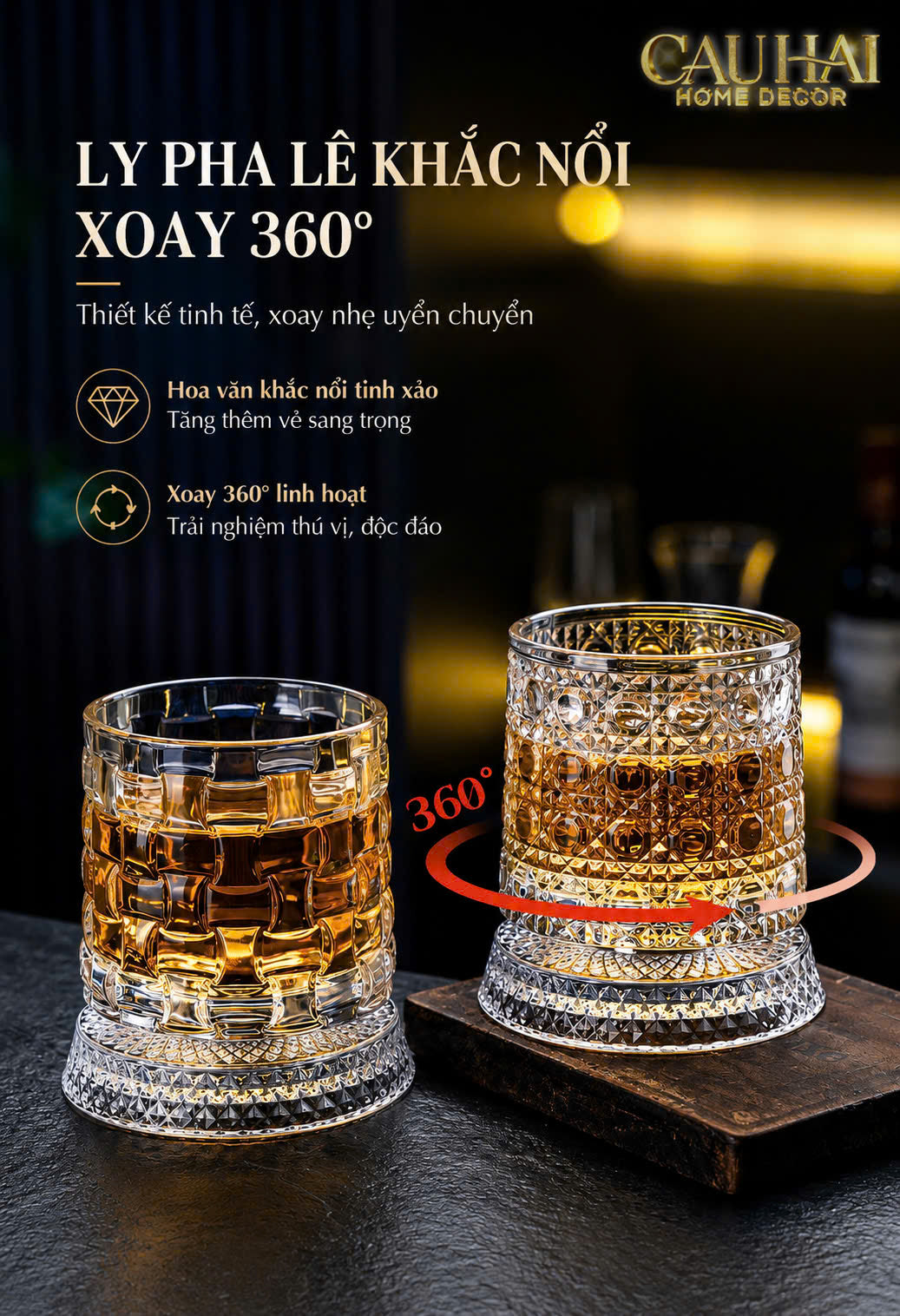 Set 2 Ly Whisky Thuỷ Tinh Đế Xoay - Éclet Spin Glass Set 2pcs-LY THỦY TINH-CẬU HAI HOME DECOR